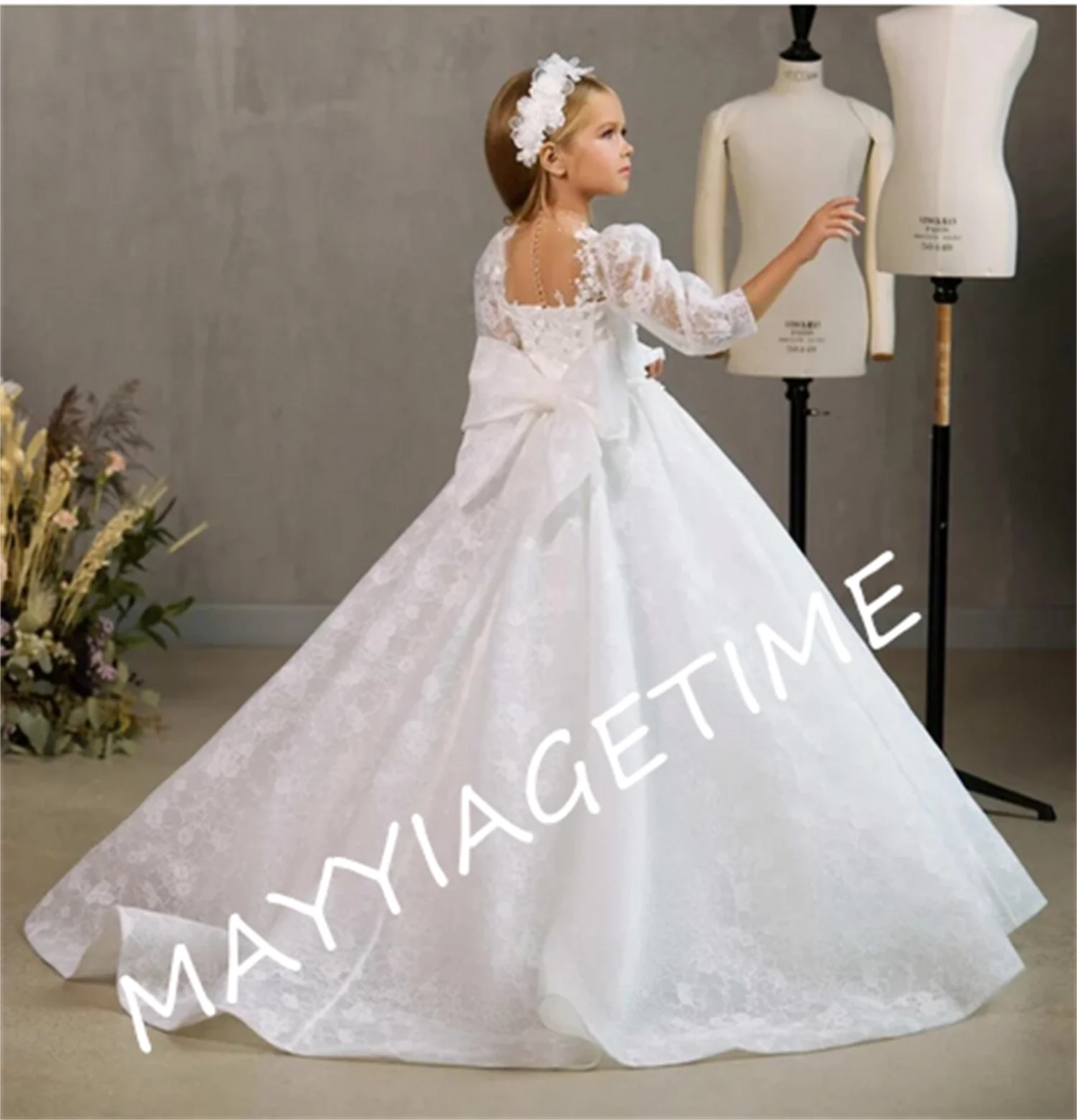 

White Flower Girl Dress Lace Princess Dress for Girl Long Sleeve First Communion Dresses Child Wedding Party Gowns