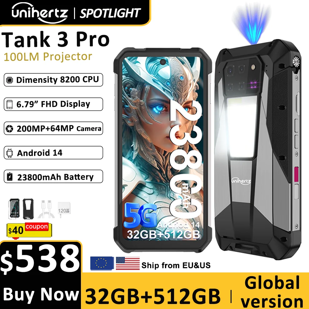 Unihertz Tank 3 Pro 8849、100 ルーメン 120Hz プロジェクター、32GB