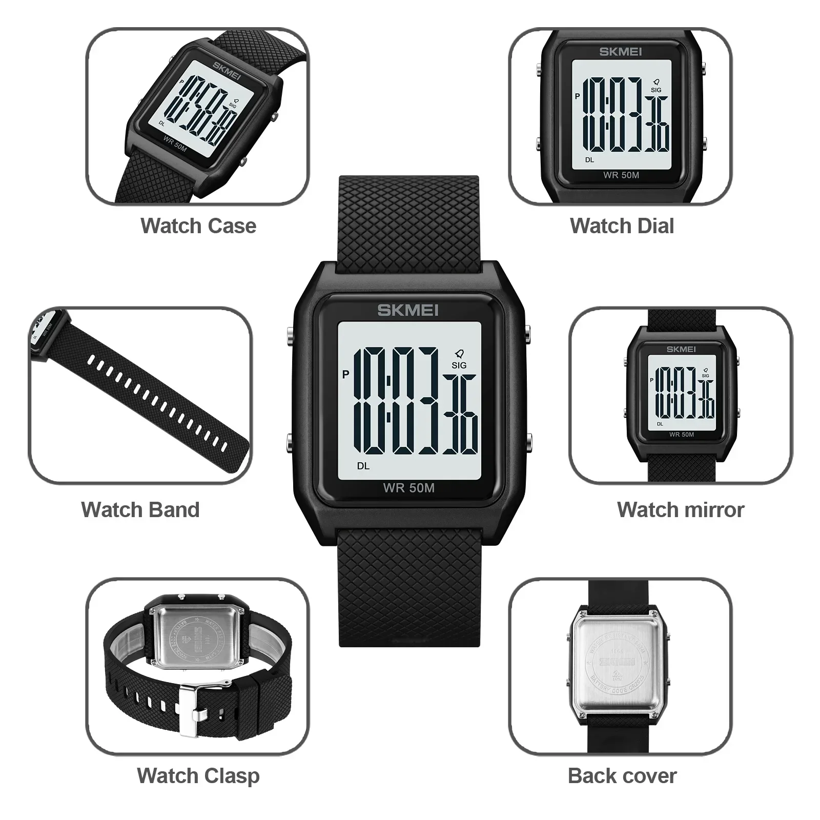 Skmei Mens 50M Waterproof Date Week Electronic Stopwatch Wristwatches Alarm Clock Reloj Hombre Back Light Sports Digital Watch 5