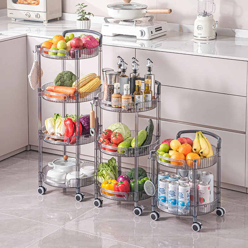 

Simple Round Multi-Layer Kitchen Storage Rack Living Room Snack Storage Cart with Wheels Removable Removable Plastic Shelving