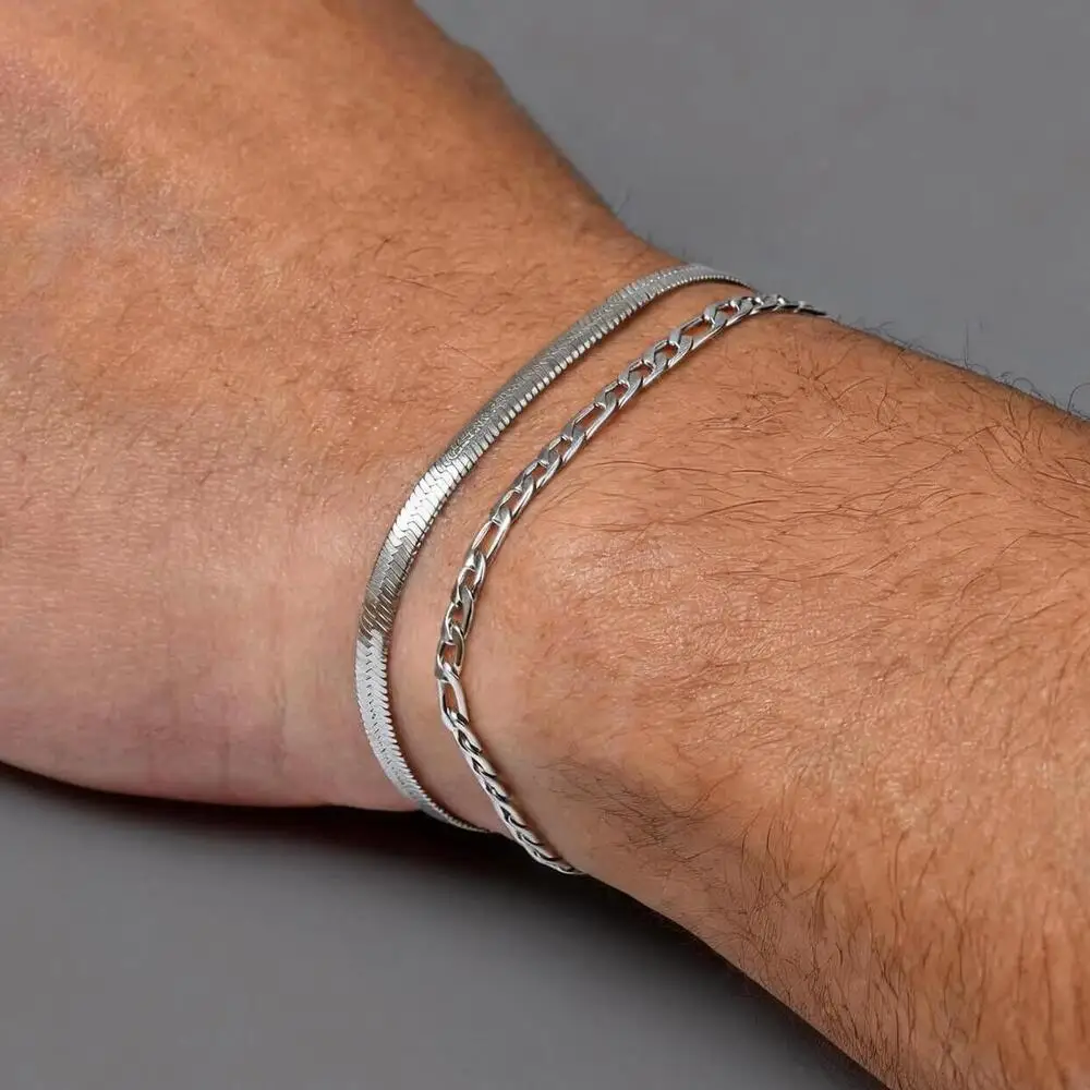 2 Stück Herren-Flachkettenarmband, silberfarbenes Edelstahl-Armband, verstellbar, minimalistischer Unisex-Schmuck, Geschenk