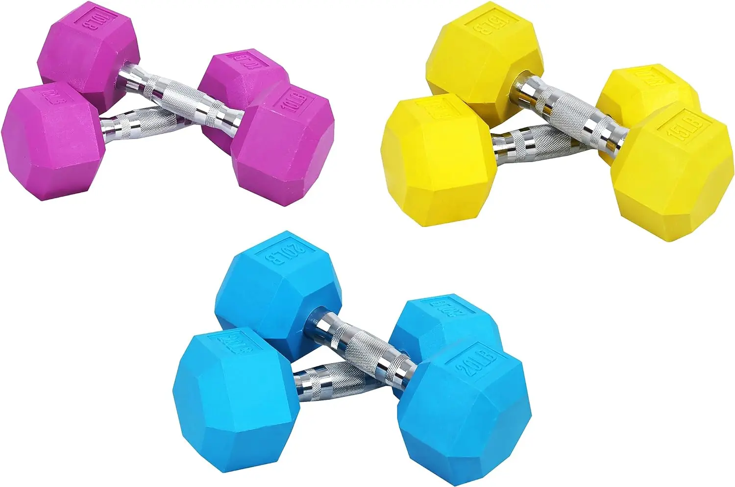 

Rubber Encased Hex Dumbbells, Single, Pairs or Sets