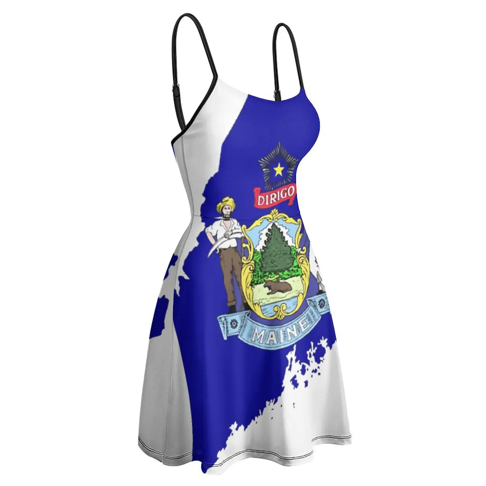 

Maine Flag Map Premium Exotic Woman's Gown Women's Sling Dress Graphic Cocktails The Dress