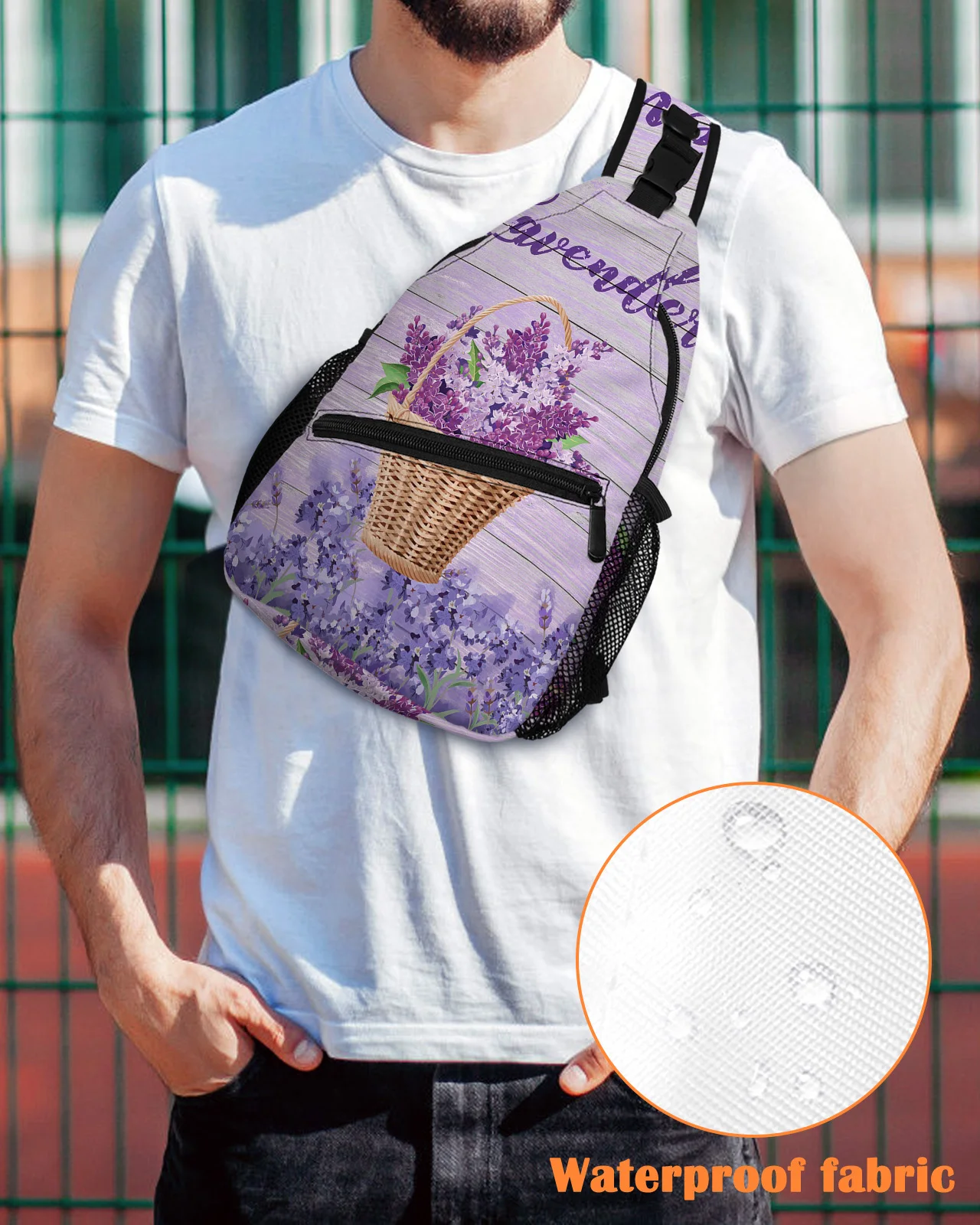 

Lavender Flower Basket Chest Bag for Men Women Casual Crossbody Bag Outdoor Travel Climb Waterproof Sling Bag