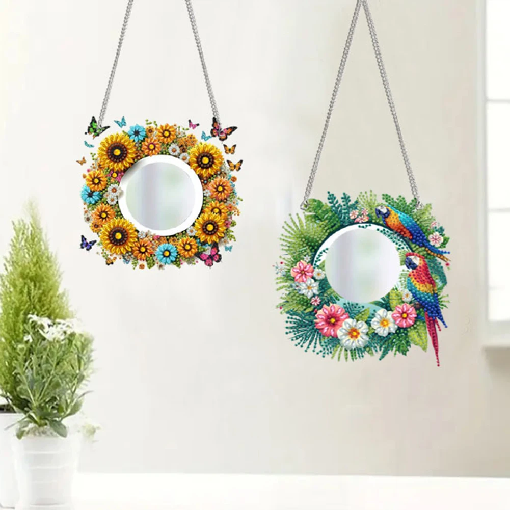 2D Flat DIY Sunflower Parrot Hanging Mirror Diamond Art Kits Wall Door Decoratio