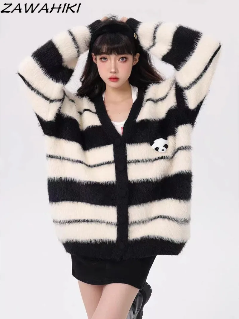 

ZAWAHIKI Autumn Winter New Arrive Striped Contrast Color Knitted Cardigan Tops Loose All Match V-neck Breasted Sweater Women