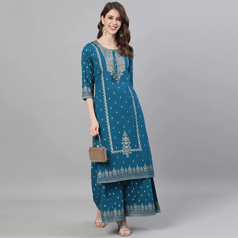 Indian Apparel Women\'s Ethnic Set 2-Piece Cotton Printed Navy Blue Indian Traditional Dress Cotton Printed 3-piece Suit