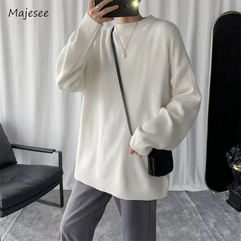 Solid Sweaters Men Loose Basics Korean Commuting Style Daily Long Sleeve Spring Autumn Handsome Hipster Knitwear Streetwear Chic