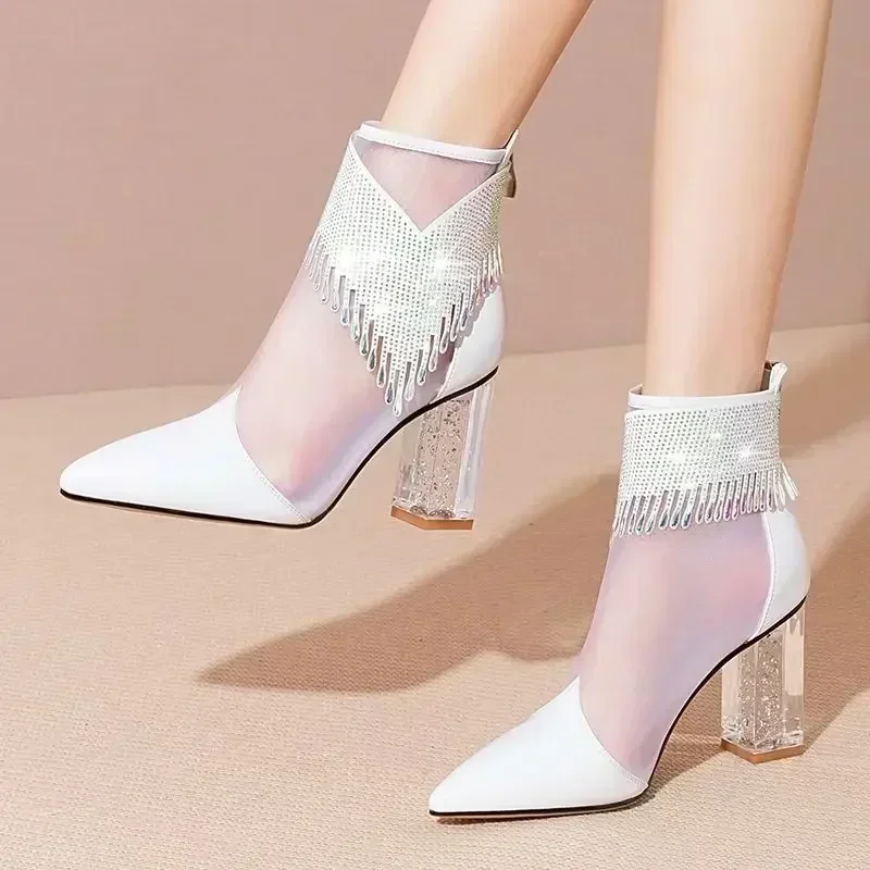 Rubber Soled Dance Boots Women 2025 Spring Pointy Rhine-diamond Tassel High Heel Mesh Latin Jazz Modern Dance Shoes Stage Show 2