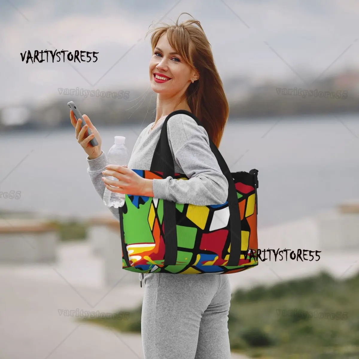 Large Melting Rubiks Cube Tote Bag Women Geometric Math Magic Shoulder Shopping Gym Beach Travel Bag