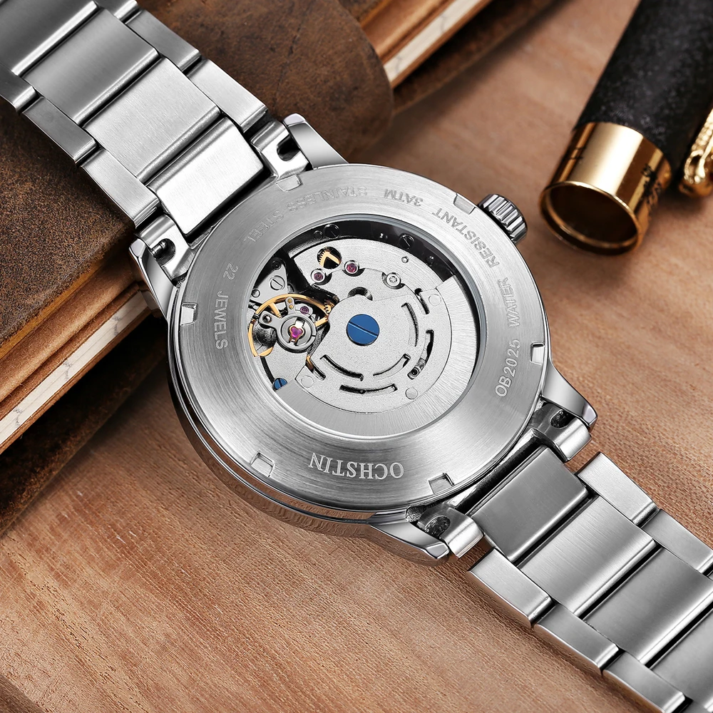 OCHSTIN Luxury Brand Silver Blue Automatic Mechanical Watch Auto Calendar Display Business Mens Wristwatch Stailness Steel Band