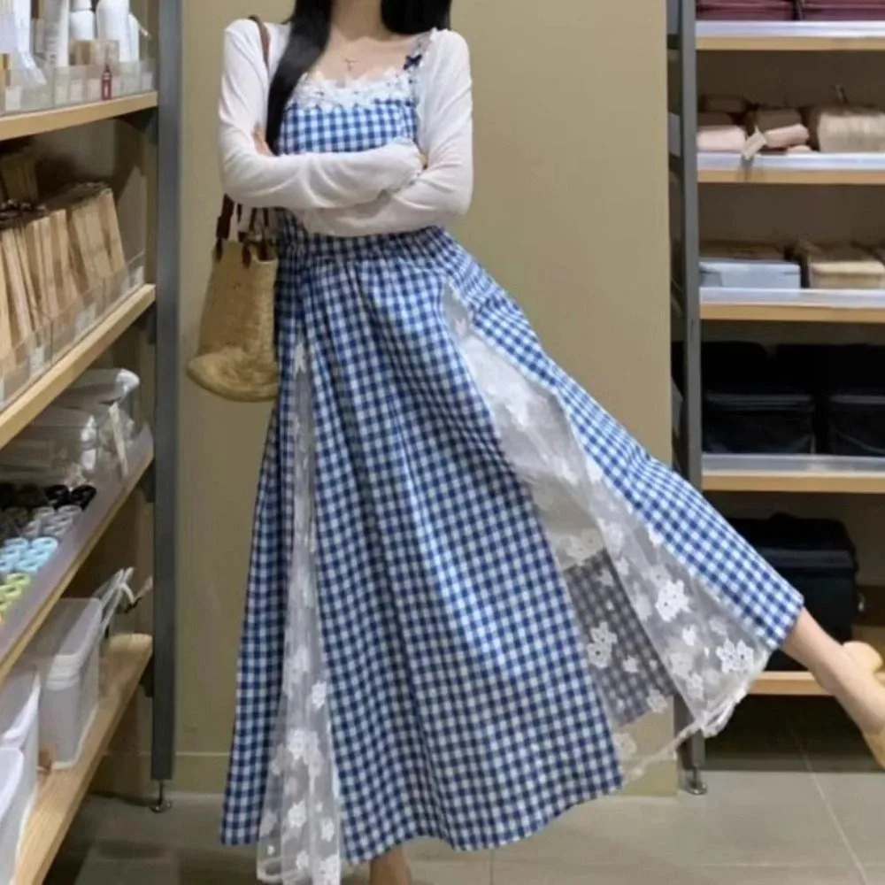 Elegant Plaid Girl Princess Dress Loose Sweet Teens Sling Dress Skirt Lace Mesh Children Sleeveless Dresses