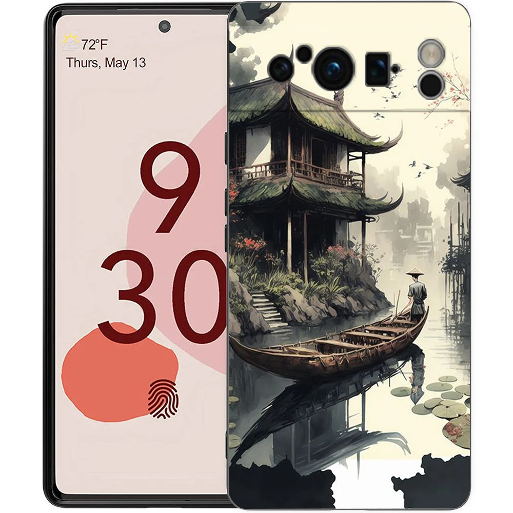 Japanese Landscape Design Shockproof Black Silicone Phone Case