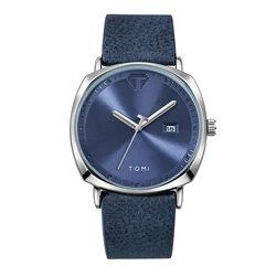 TOMI Men's Minimalist Fashion Quartz Watch with Leather Strap and Calendar (Blue silver)