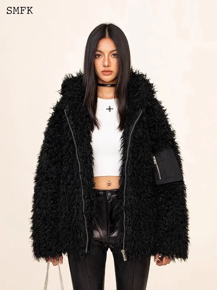 ジャケット・アウター PREMIUM ECO FUR HOODIE COAT SMFK Fur Hoodie Explorer Outdoor Lamb Fleece Plush Thick