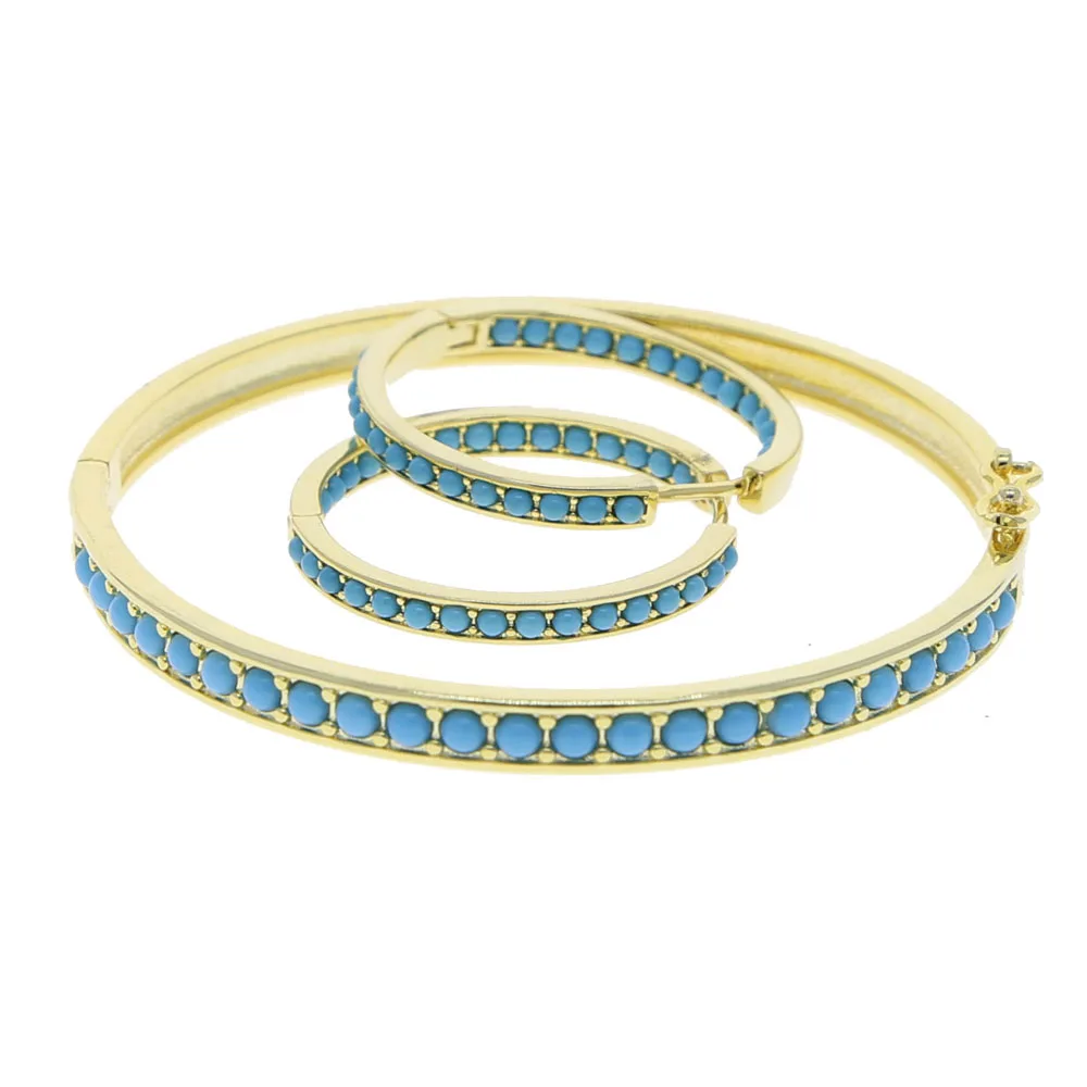 New Bezel Setting Small Beads Blue Turquoise Bangles for Women Brass with Gold Plated Color Classic Bracelet Fashion Jewelry 6