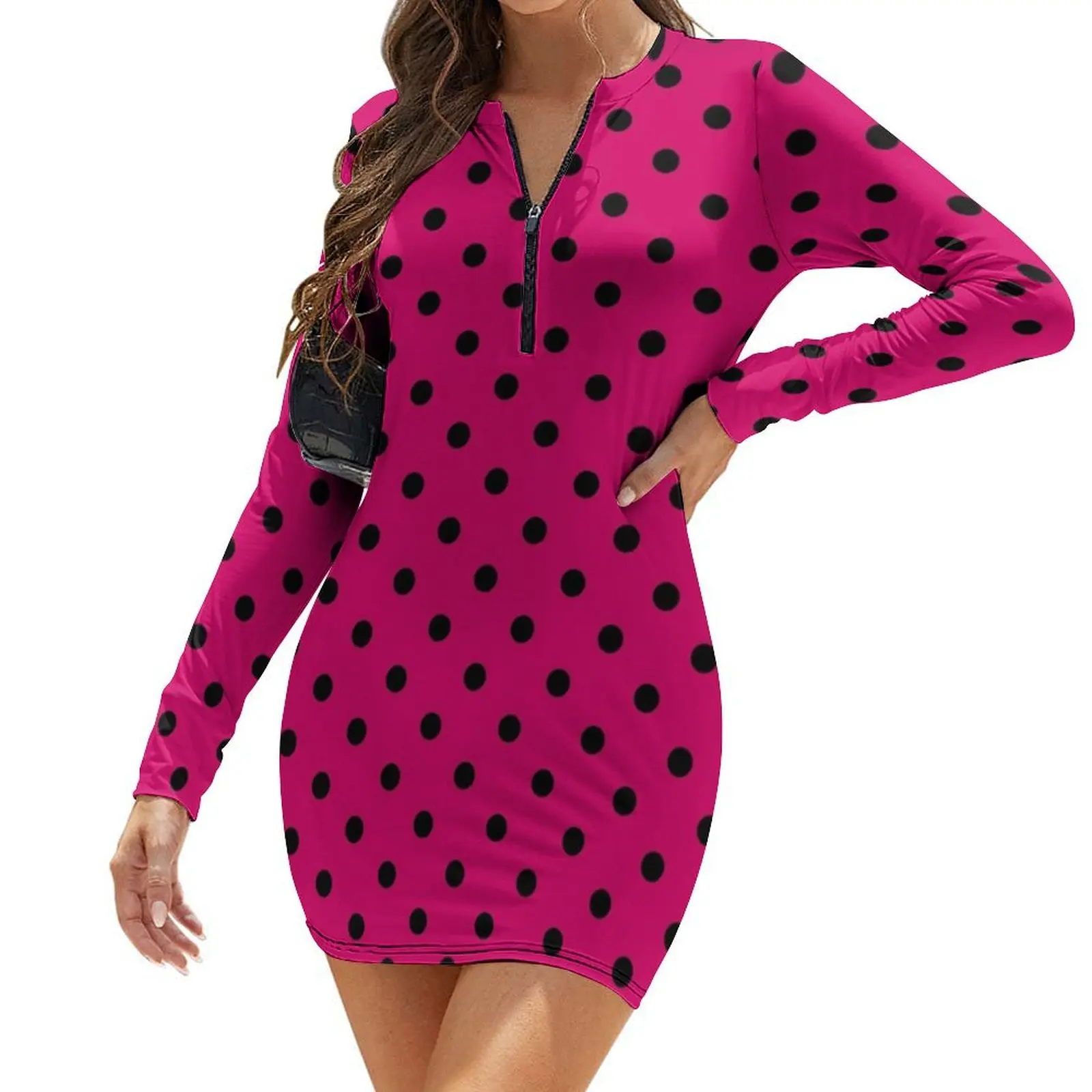 

Large Black on Dark Hot Pink Polka Dots Long-Sleeve Bodycon Dress womans clothing prom dress