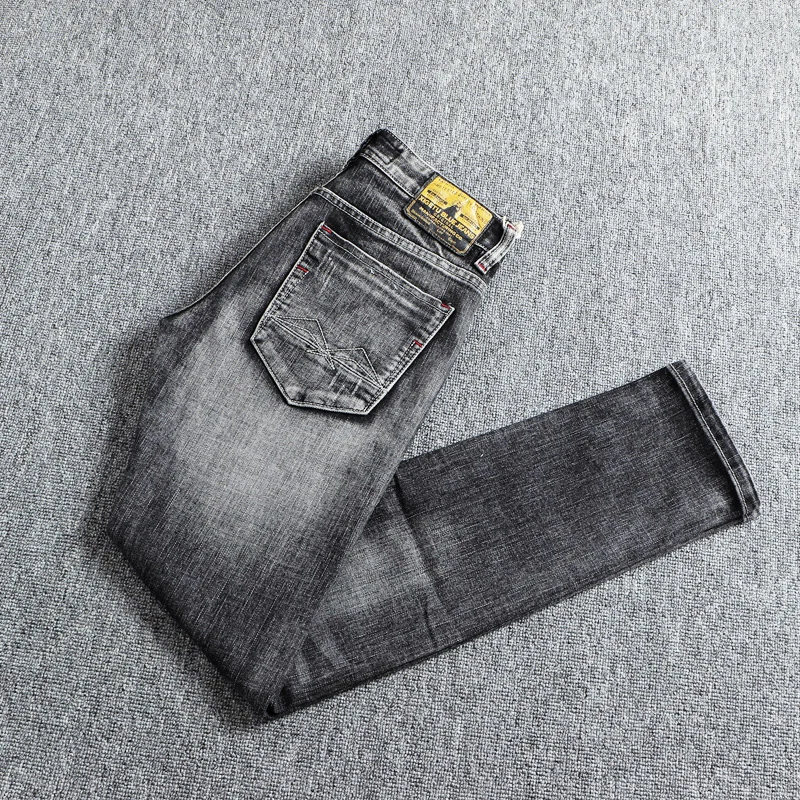 Men Jeans Ripped Jeans Italian Style Fashion Men Jeans Retro Gray Elastic Slim Fit Ripped Jeans Men Trousers Vintage Designer Casual Denim Pants Hombre