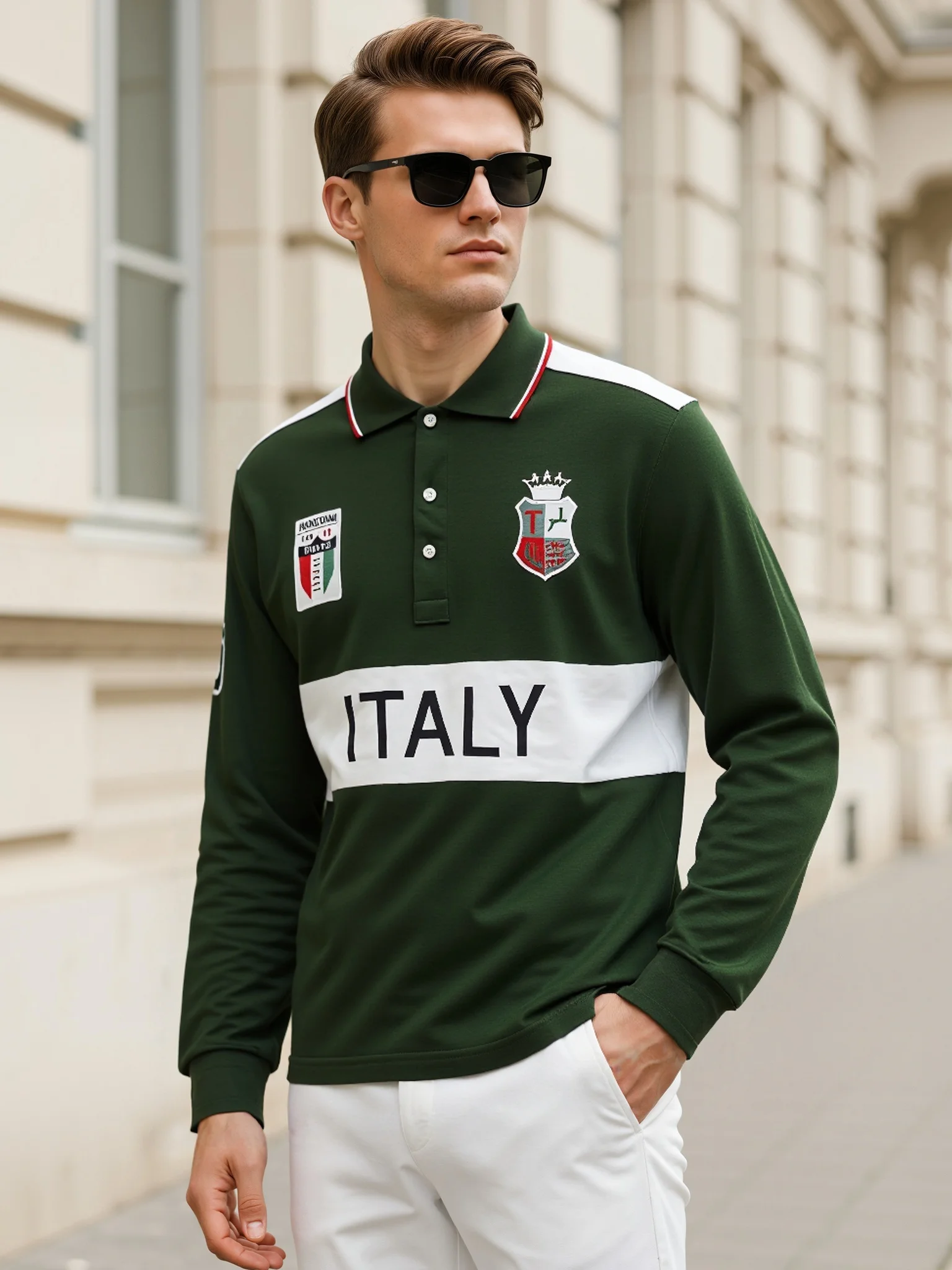 Polo da Uomo Europa Italia Manica Lunga Casual Cotone di Alta Qualità Ricamo Lussuoso Cuciture a Contrasto Design Originale - immagine 5