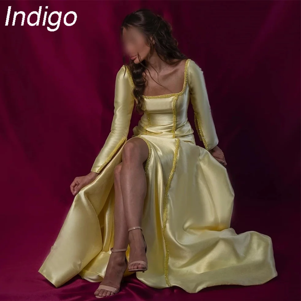 

Indigo Evening Dresses Elegant Square Collar A-line Long Sleeve Slit Sequin Floor-Length Sexy Backless Formal Evening Dress 2024