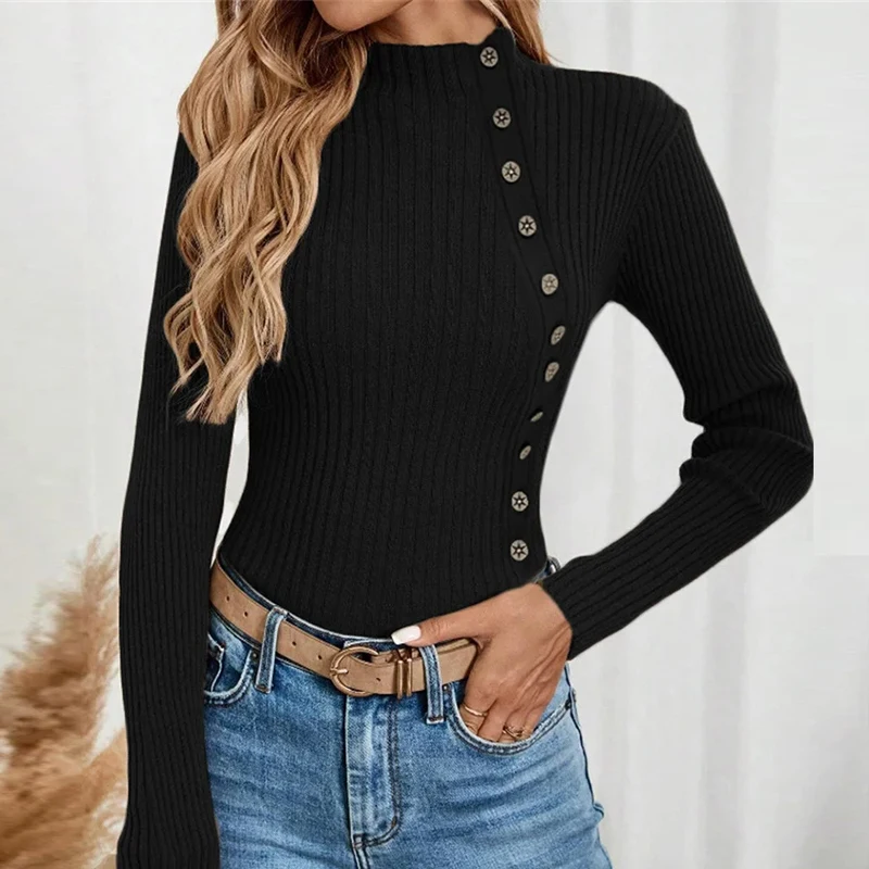 thumbnail image 1 of Suéter de cuello alto para otoño e invierno, elegante, suave, cómodo, elástico, para mujer, camisa de mujer, blusa de manga larga con botones acanalados, 1 of 5