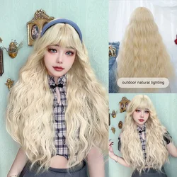 28Inch Light Blonde Color Synthetic Wigs with Bangs Long Natural Curly Hair Wig for Women Daily Use Cosplay Heat Resistant