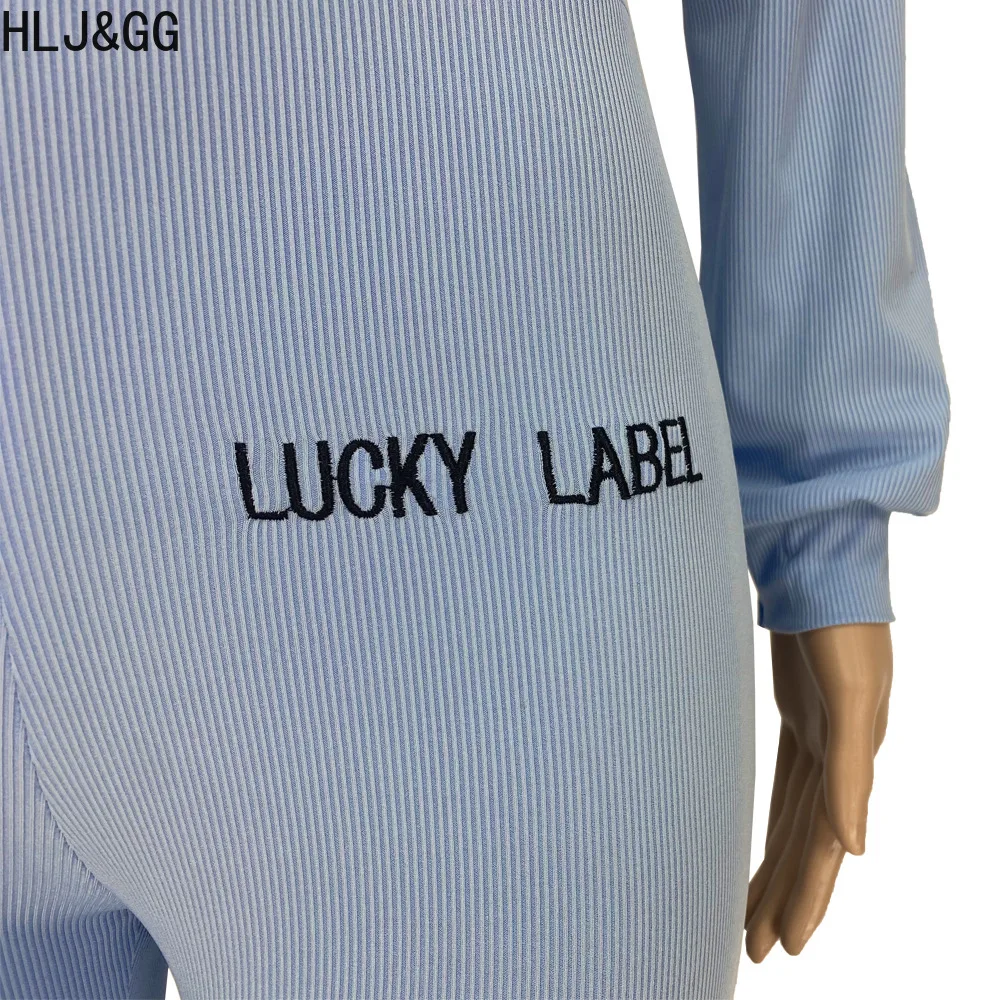 HLJ&GG Fashion Letter Printing Ribber Skinny Pants Two Piece Sets Women O Neck Long Sleeve Crop Top And Pants Tracksuits Outfits