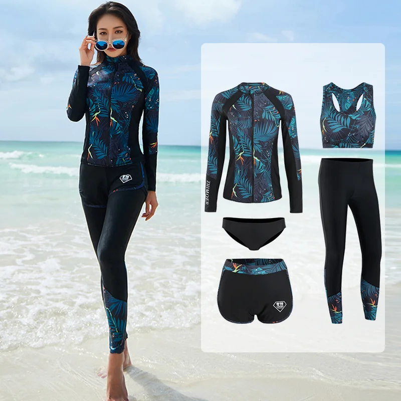 Long Sleeve Rash Guard Women 5 Pieces Swimsuit Surfing Pad Long Pant Couples Men 3 Piece Couple Zipper Swimwear Bathing Suits