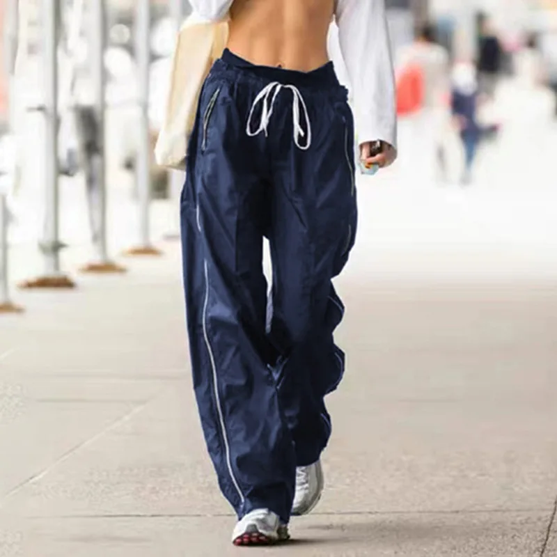 Blue Side Striped Y2k Sweatpants Pockets Tie Up Elastic Waist Sports Joggers  Women Baggy Pants Casual Street Trousers - Pants & Capris - AliExpress