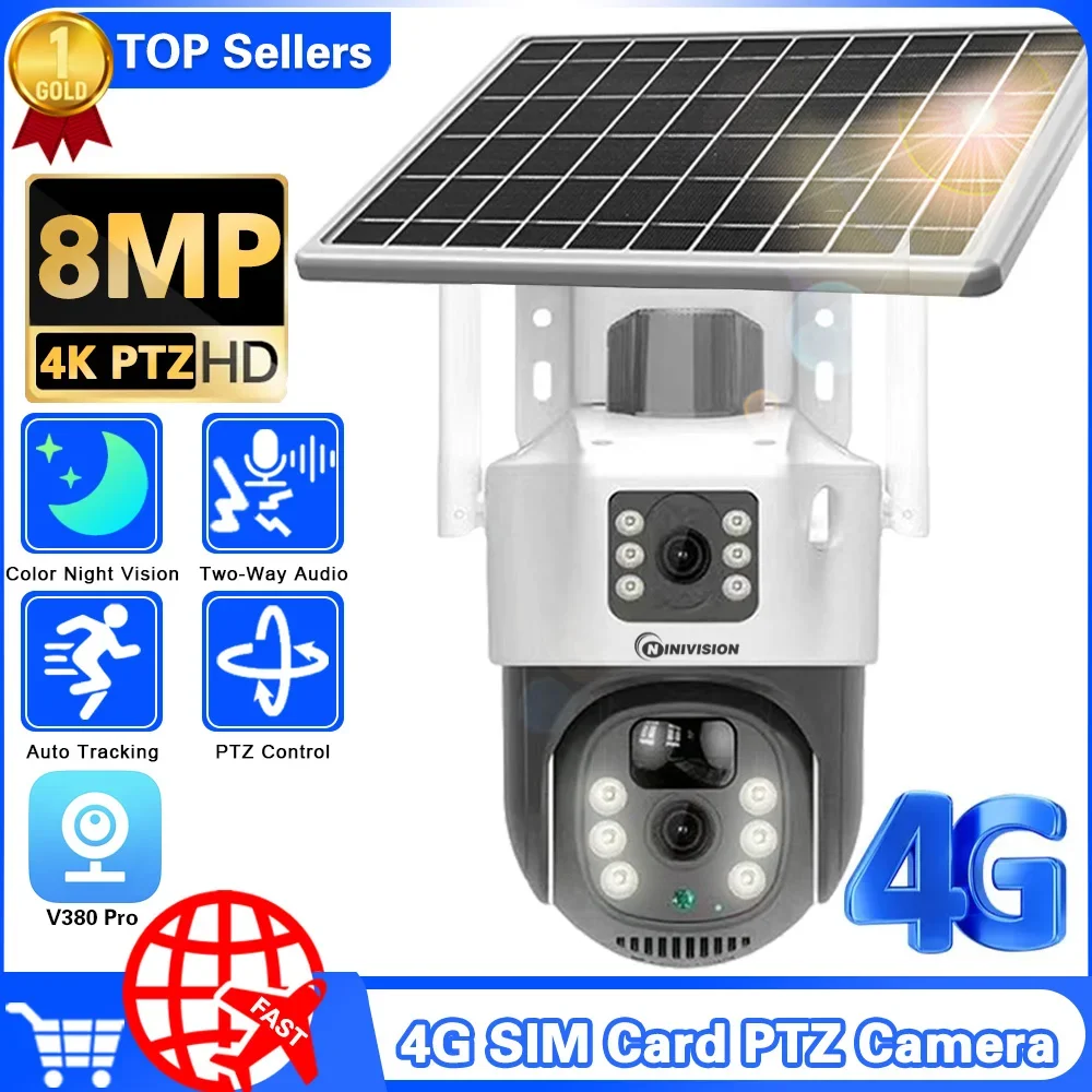 

4K 8MP Solar CCTV Solar 4G Wireless CCTV Outdoor Camera Built-in Battery Low Power Color Night Vision,Surveillance Cam V380 Pro