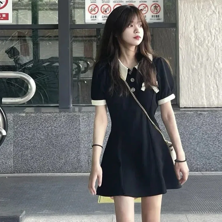 

Sweet Dress Women Preppy Style Bow Turn Down Collar Mini Dress Student Korean High Waist Short Sleeve A Line Sundress Y2K
