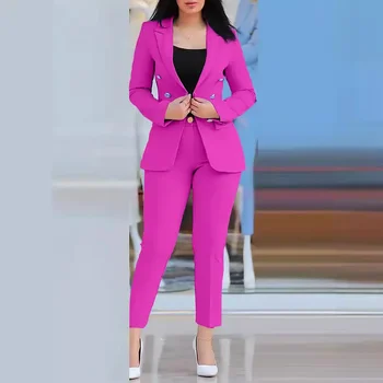 2pcs Women Office Clothing Set Long Sleeve Blazer Jacket & High Waist Pencil Pants Solid Color 1