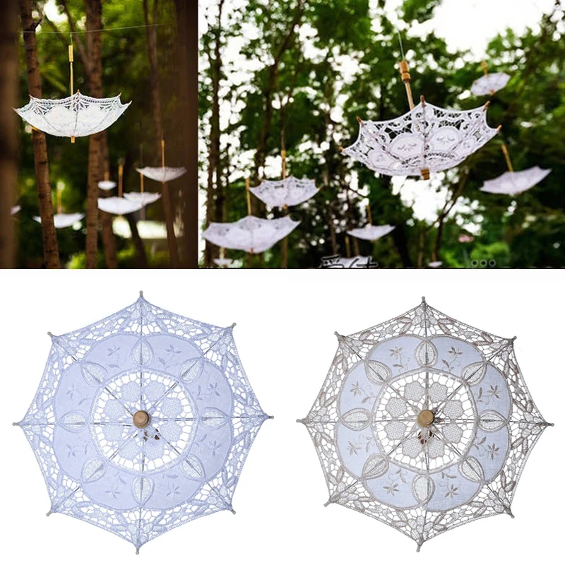 Wedding Lace Umbrella Cotton Embroidery Bridal Umbrella White Beige Parasol Sun For Wedding Decoration Photography
