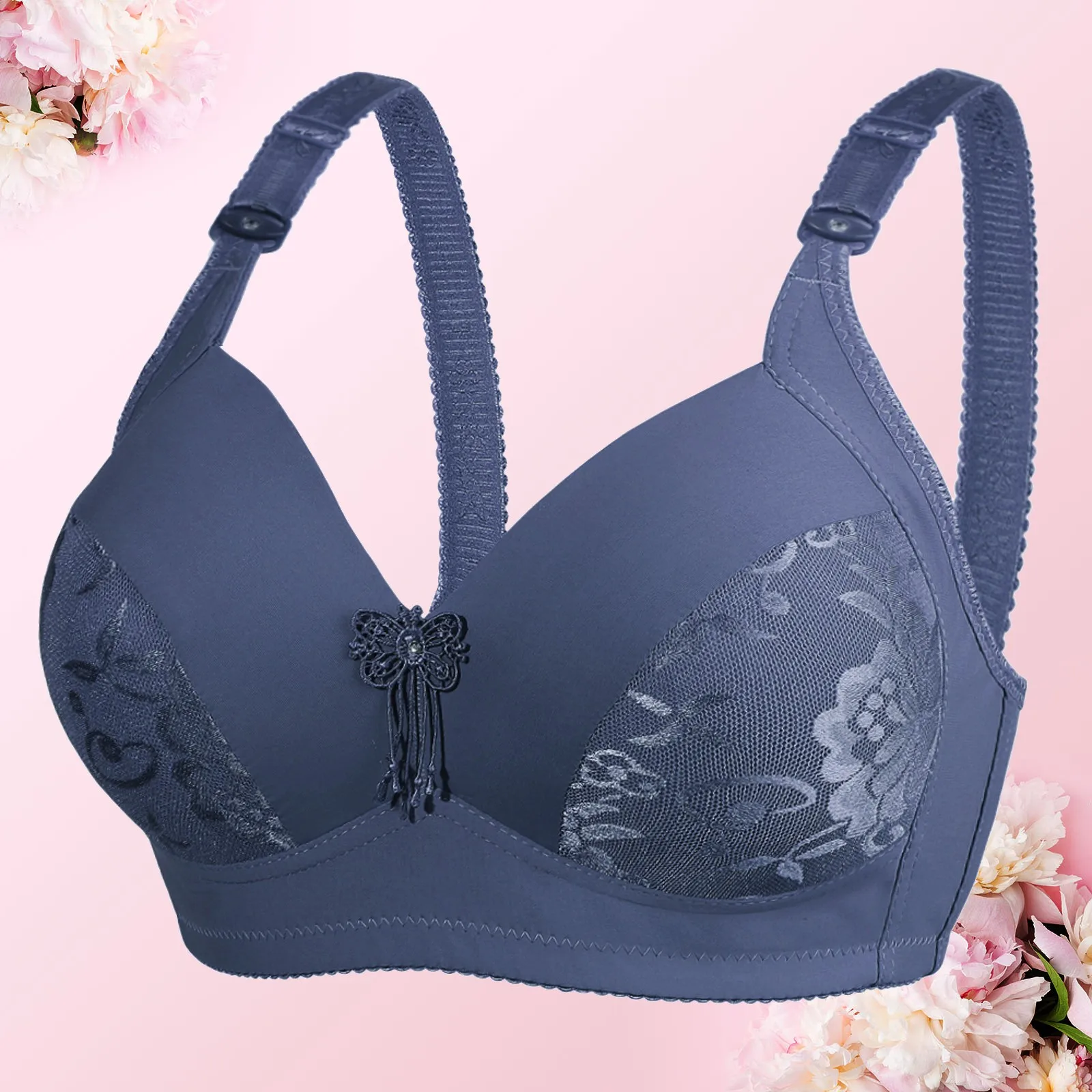 Women's Embroidery Underwear Bras Butterfly Appliques Adjustable Wide Straps Lingerie Push up Full Coverage Wireless Bustier