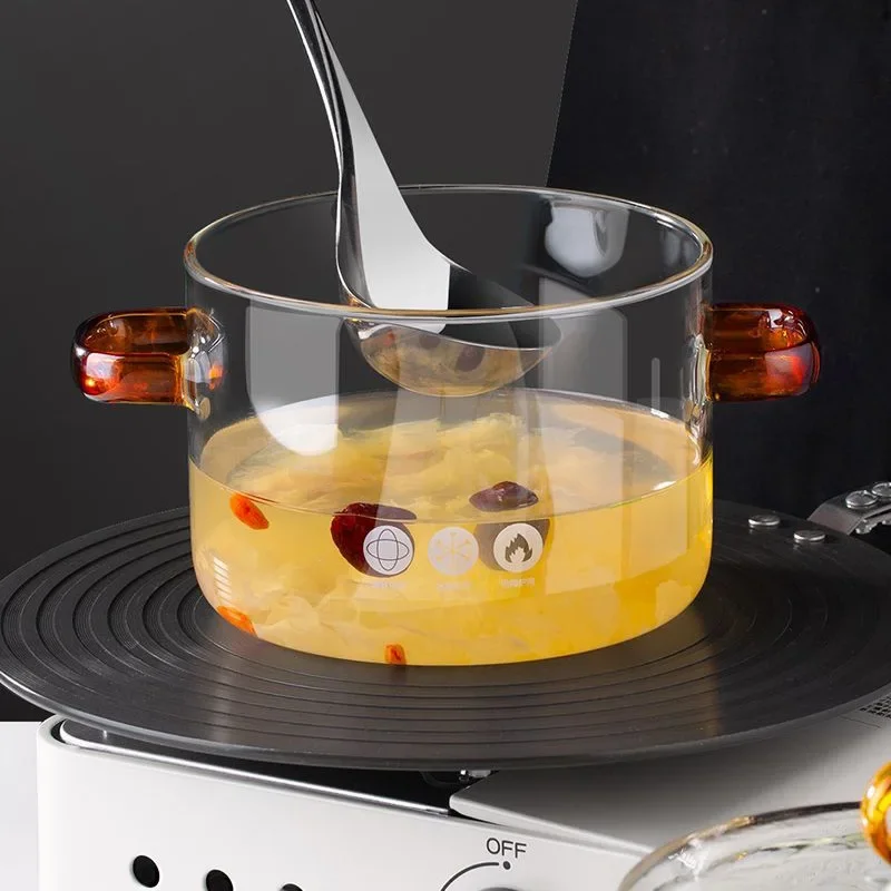 Transparent Soup Pot Heat Resistant Microwave Fire Heating Dual Handles Nonstick Glass Saucepan With Cover Kitchen Cooking Tools