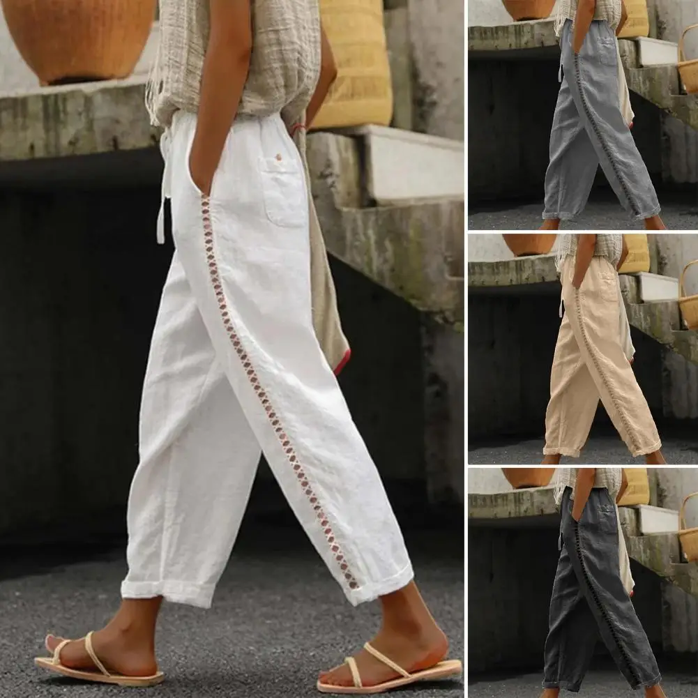 

Women Pants Side Hollow Design Solid Color Decorative Cotton Flax Summer Trousers Tie-up Sweatpants For Women 여성용 긴 바지