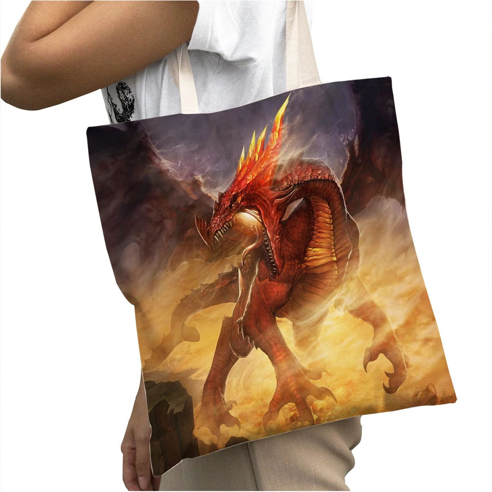

West Dragon Art Pattern Shopper Bag Canvas Tote Handbag Cartoon Animal Lady Girl Foldable Women Big Capacity Shopping Bags
