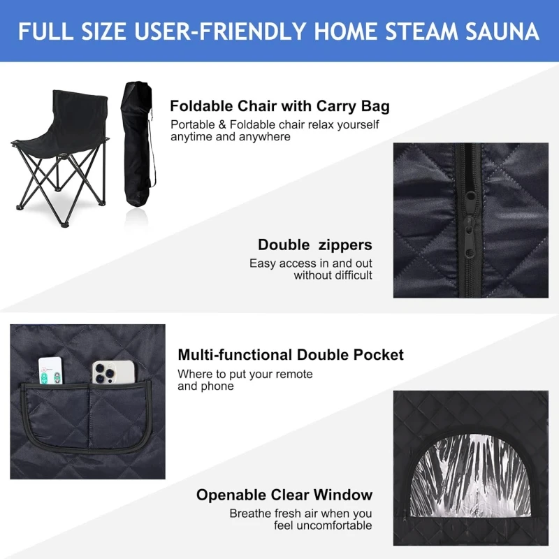 Large Size Sauna Portable Steam Sauna Personal Home Spa with 4L Large Steam Generator 16 Levels Remote Control and Chair 5