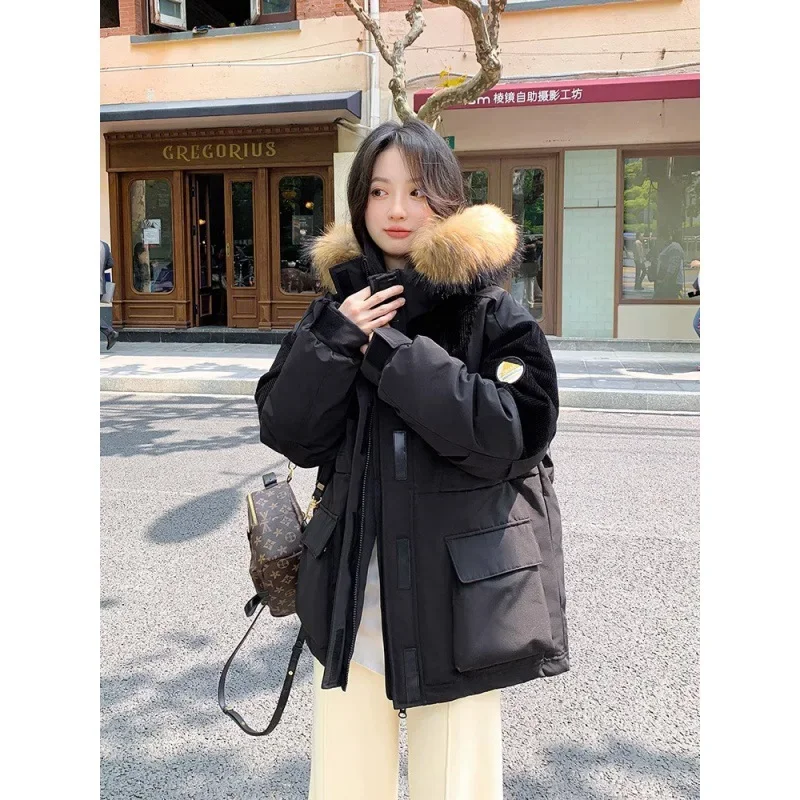 2023 new long women's down jacket thickened warm couple winter tooling style to overcome loose stitching