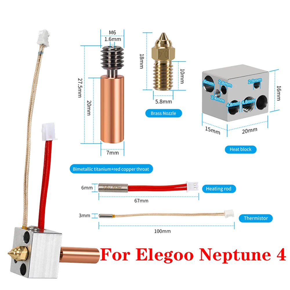 Hotend Kit For Elegoo Neptune 4 For 3D Printer Upgraded Copper Pipe Metal Heater Block Brass Nozzle Heating Rod Thermistor