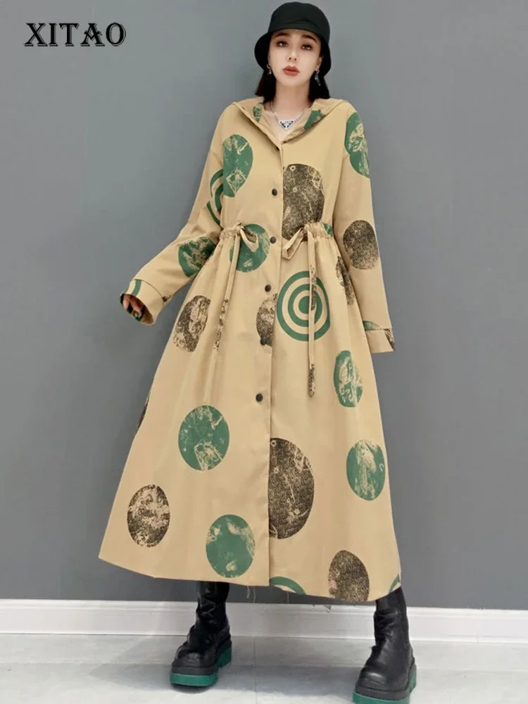 

XITAO Draw String Fold Dot Print Women Trench Autumn New Casual Loose Long Sleeve Hooded Collar 2024 All-match Coat WMD3397