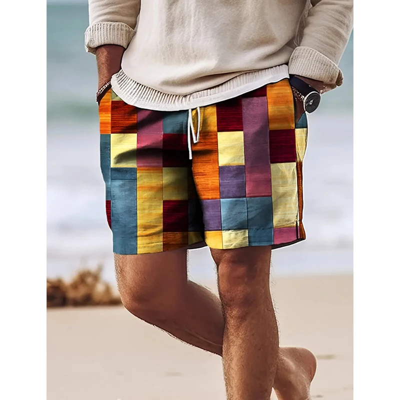 

2024 Summer Hawaii Beach Shorts Travel Casual Colorful Plaid Printing Sports Quick Drying GYM Trunks Ice Shorts Hawaii Swimwear