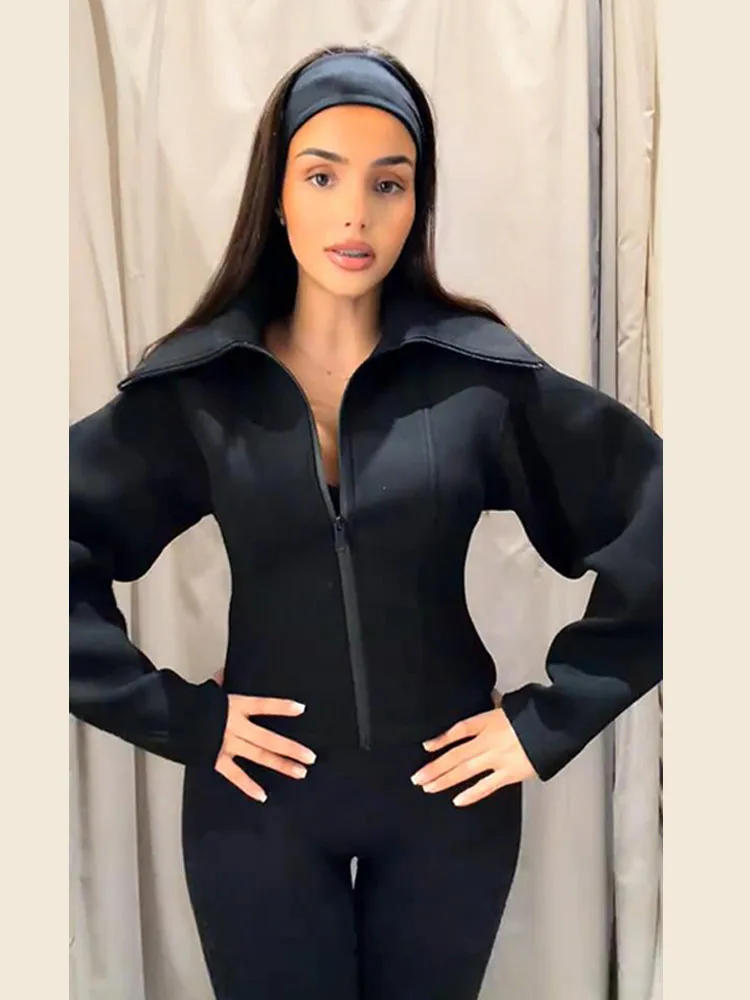 Langarm-Neoprenjacken für Damen, elegante Reversjacken mit Taillenbund und Reißverschluss, einfarbige, schmale Mäntel, Frühjahrsmode, neue Oberbekleidung für Damen – Detail 15