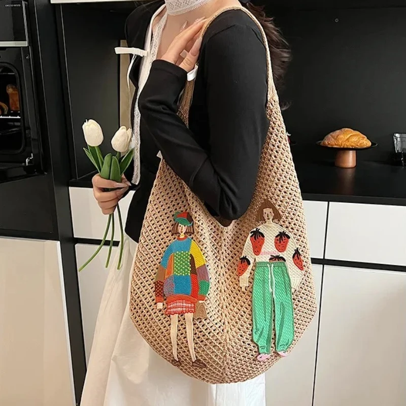 Hollow Mesh Knitted Shoulder Bag Beach Vacation Slouchy Chic Cartoon Tote Bag Lightweight Laid-Back Casual Woven Women Handbag