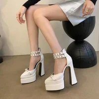 M European Belt Buckle Chunky Heels Pointed-toe Hollow out Super High Heel Platform Footwear Fashion Zipper Square Heel Sandals - Image 5