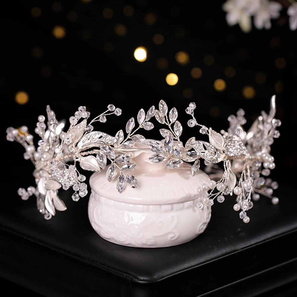 Female Wedding Leaf Headband Party Prop Knitting Silver Gown Hair Vines with Rhinestones for Banquet Wedding Masquerade