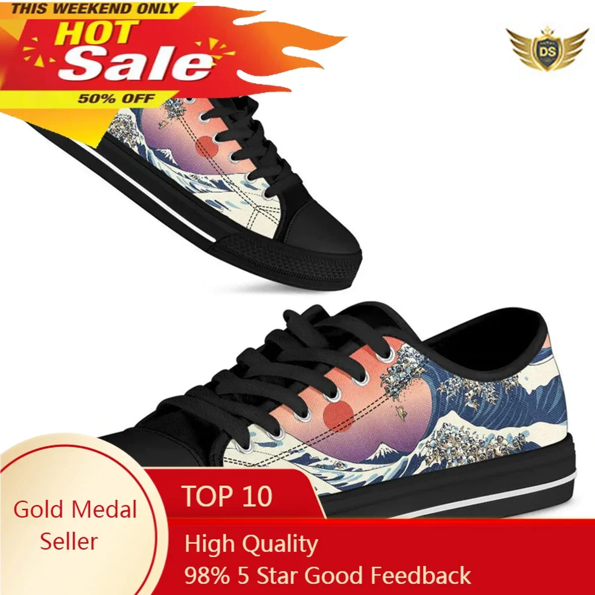Chaussure Femme Black Canvas Shoes For Women Great Wave Sun Bulldog Prints Classic Flat Shoes Light Sneakers Big Size 46
