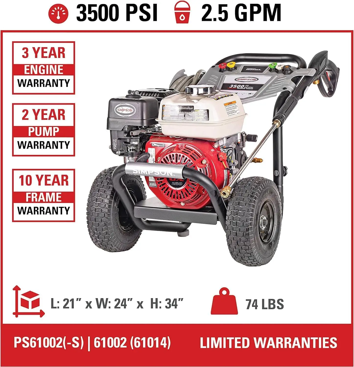 3500 PSI 2.5 GPM Honda GX200 AAA AX300 Axial cam pump Cold water Gas pressure washer PS61002-S