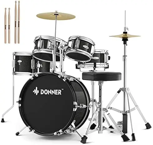 

Kid Drum Sets- 5-Piece for Beginners, 14 inch Full Size Complete Drum Kit with Adjustable Throne, Cymbal, Hi-Hat, Pedal & D