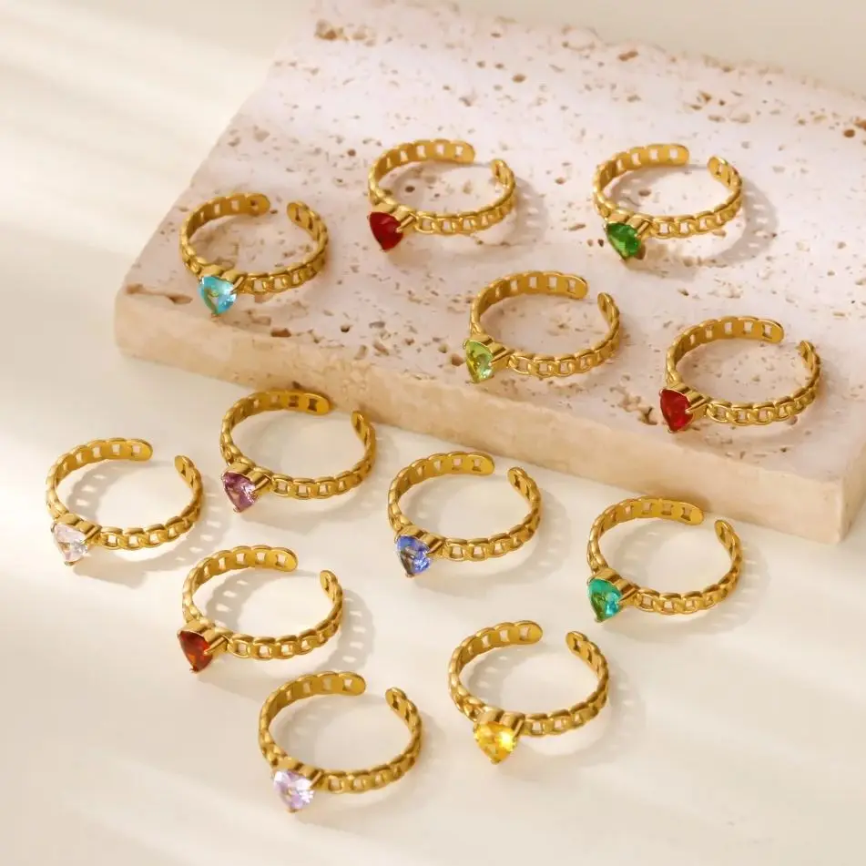 Zircon Heart Birthstone Rings For Women Gold Color Stainless Steel